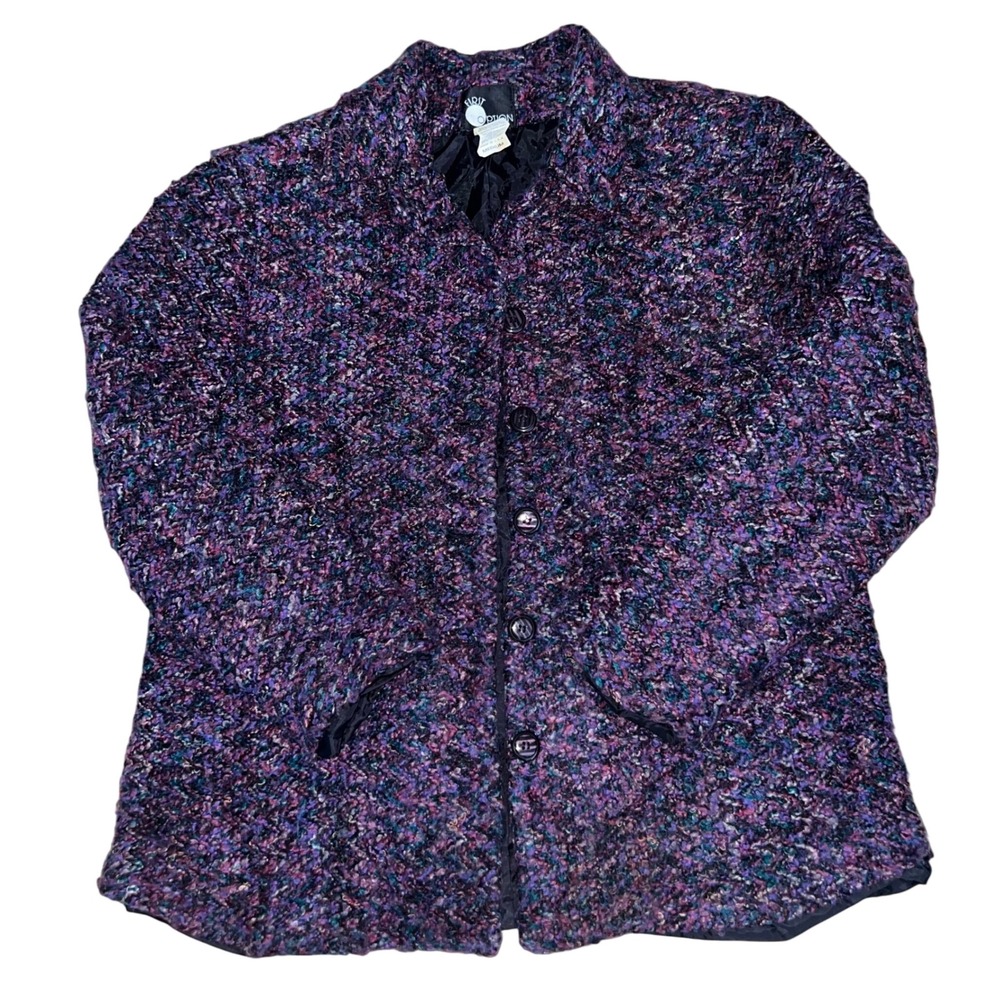 Vtg 80s First Option Tweed Blazer Jacket Medium Purple Blue Chunky MultiKnit USA